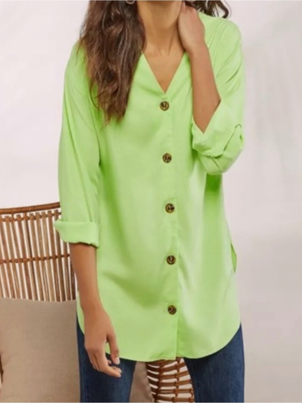 Soft Surroundings Lime Green V Neck Button Down Wendy Tunic Shirt Medium
